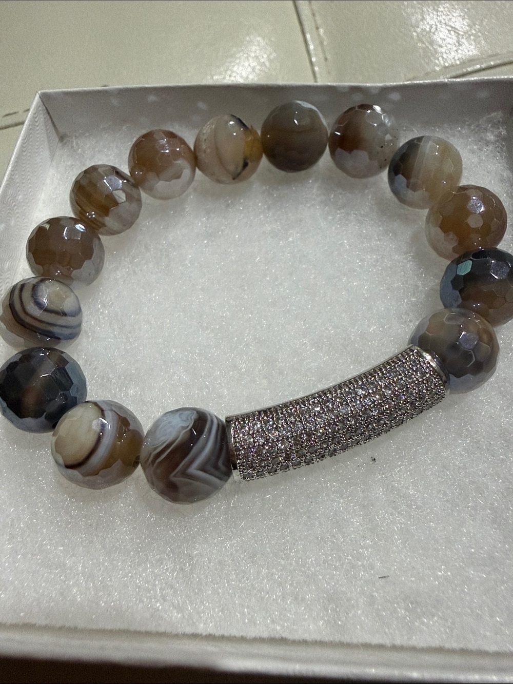 Faceted Agate Bead Bracelet with Pave Accent - Brown